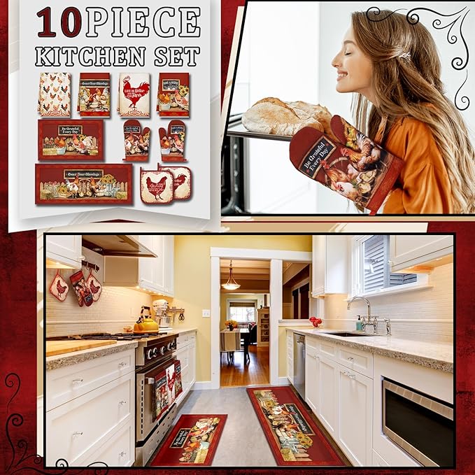 Fourluoo 10 Pcs Rooster Kitchen Set Kitchen Towels and Rugs Oven Mitts and Pot Holders Rooster Decor for Gift Cooking Baking Grilling