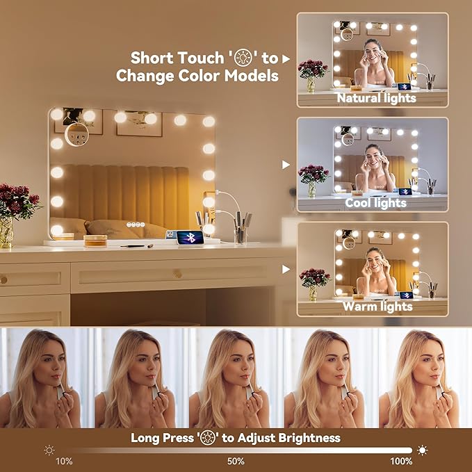 Hasipu LED Makeup Mirror with Bluetooth Speaker, 47" x 35" Makeup Mirror with Lights and Magnification, Hollywood Mirror with 3 Color Modes, LED Make up Mirror with USB & Type-C Charging