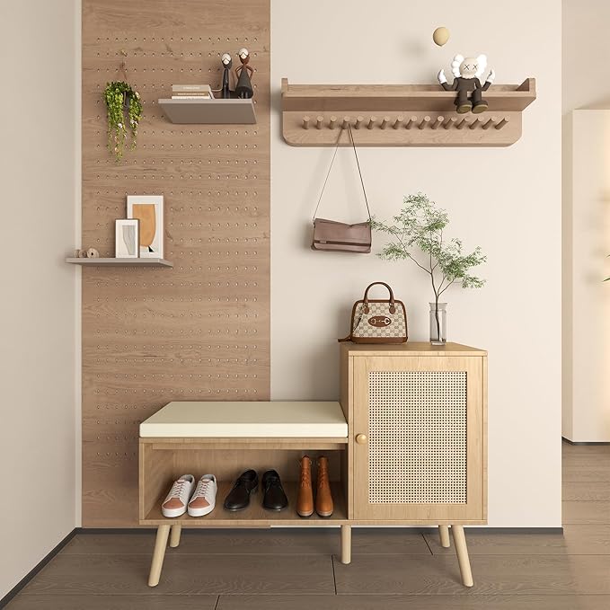 2-in-1 Shoe Storage Bench with Removable Seat Cushion, PP Rattan Shoe Cabinet with Rattan Doors, Modern Entryway Bench, Shoes Storage Organizer for Entryway Hallway Small Space, Natural