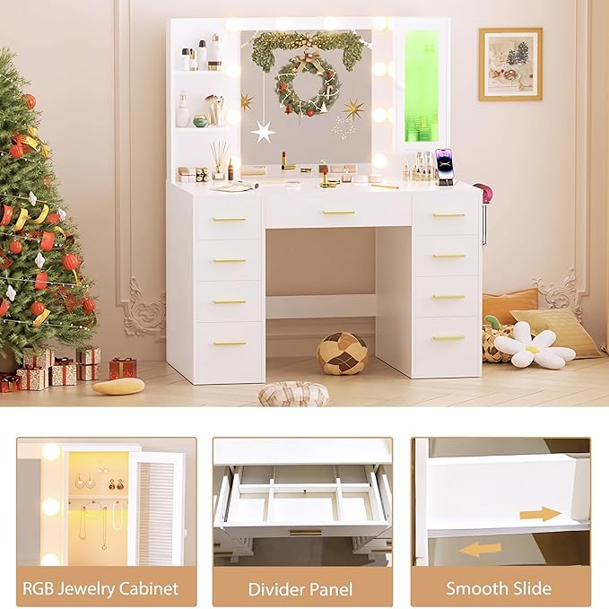Vanity Desk with Mirror and Lights, Large 43" White Makeup Vanity Desk with 9 Drawers and Power Outlet, 3 Open Shelves and 1 RGB Lighting Cabinet, White and Gold