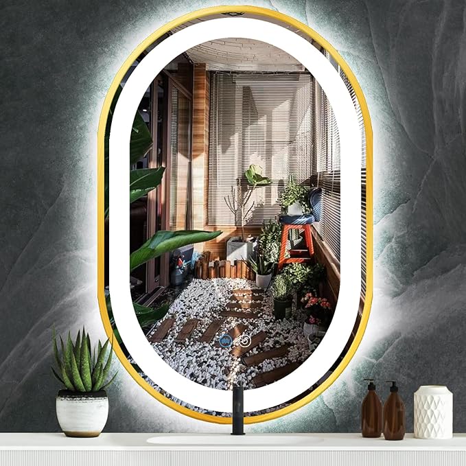 24 x 36 Inch Gold Oval LED Vanity Mirror with Lights Smart Memory 3 Color Dimmable Anti-Fog 36" Gold Framed Oval Lighted Mirror for Bathroom Salon Wall LED Ovals Mirror with Lights Frame