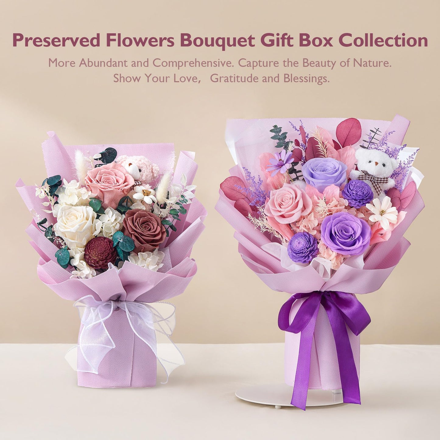 Polylove Forever Flower Bouquet Flowers for Delivery Prime Preserved Roses with Bear Gift Box for Wife Women Mother Day Anniversary Birthday