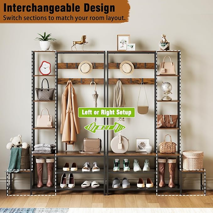 Hall Tree with Shoe Storage Bench Coat Rack with 7 Hooks Interchangeable 4 Tier Side Storage Shelves Small Cute Side Bench Industrial 5-in-1 Entryway Coat Rack for Hallway Mudroom Bedroom