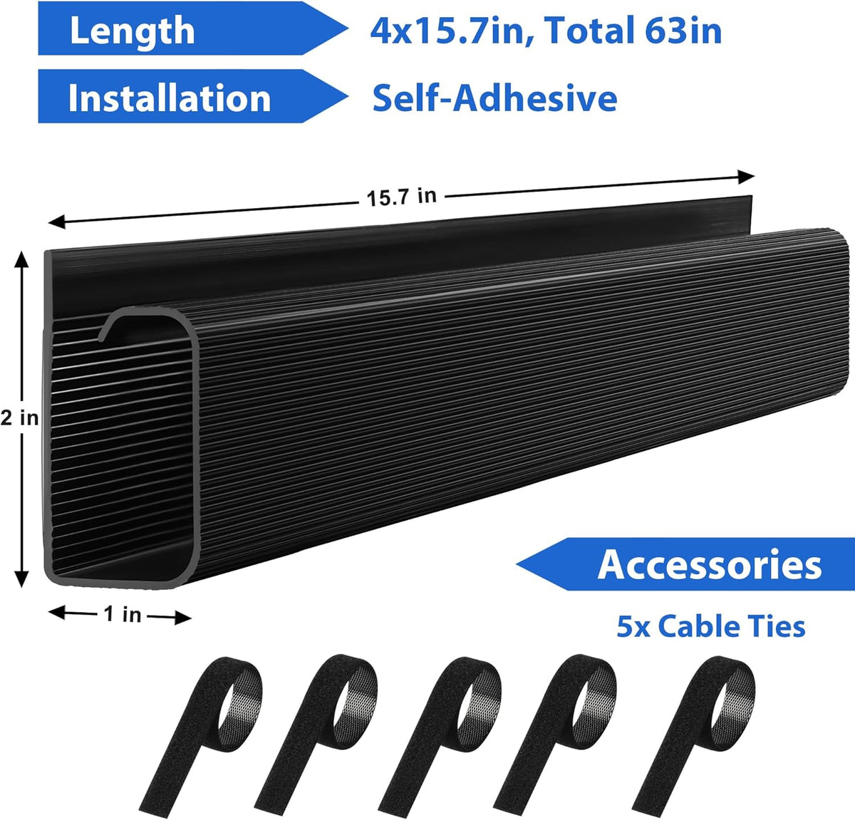 ZhiYo Cable Management Under Desk J Channel (4x15.7in), 63in Cable Raceway, Self-Adhesive Cord Hider Cord Organizer for Desk, Wire Management Kit for Home Office - Black