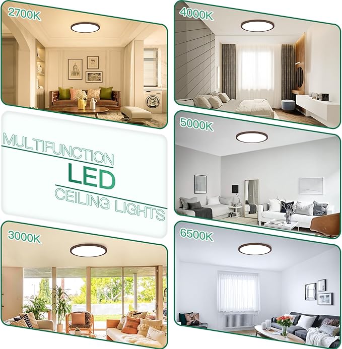 Brightever 2 Pack LED Flush Mount Ceiling Light, 12 Inch 24W, Super Slim 0.67 Inch 3200LM Ceiling Light Fixture Walnut Wood Color, Dimmable & 2700K-6500K 5 Color in One Ceiling Lamp for Farmhouse