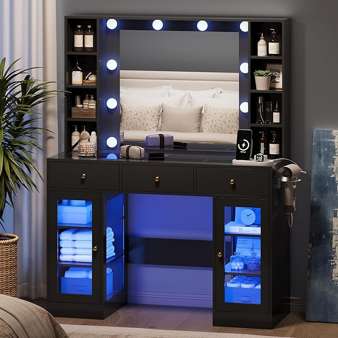 Makeup Vanity Desk with Mirror and Lights, Glass Top Vanity Table Set with Drawers & Power Outlet, Large Dressing Table with 3 Color Lighting Modes & RGB Cabinets for Women Girls Kids Bedroom, Black