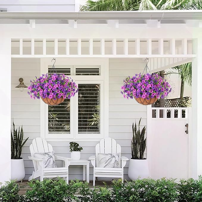 Artificial Silk Flowers Hanging Baskets Outdoors Indoors, Daisy with Eucalyptus Leaves Arrangement for Garden Yard Spring Summer Decor Faux Green Plant Metal Coconut Lining (Dark Purple Purple)