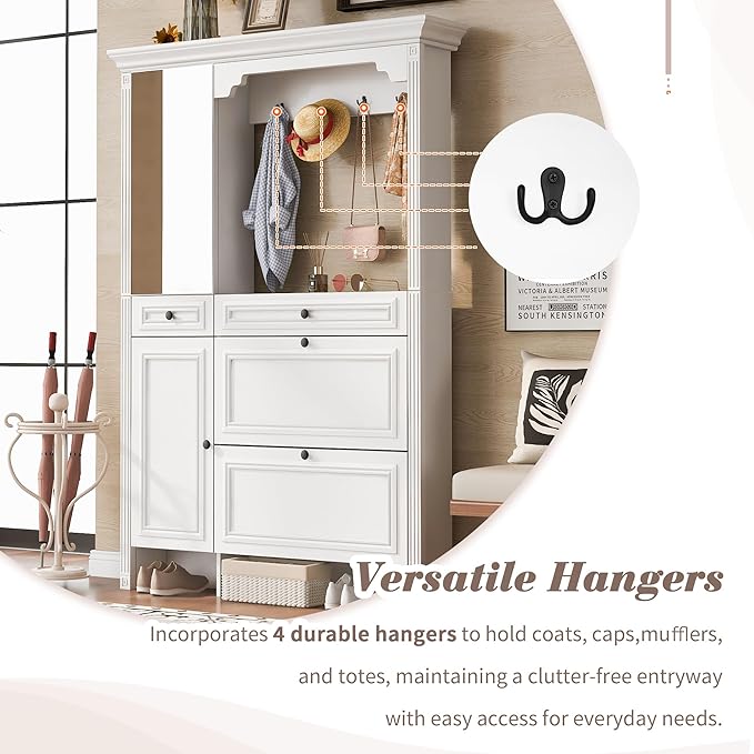 Merax Hall Tree with Shoe Storage, Entryway Coat Rack with 4 Hooks, 2 Flip Drawers, and 2 Cabinets, Modern Hall Trees for Hallway, Living Room,White