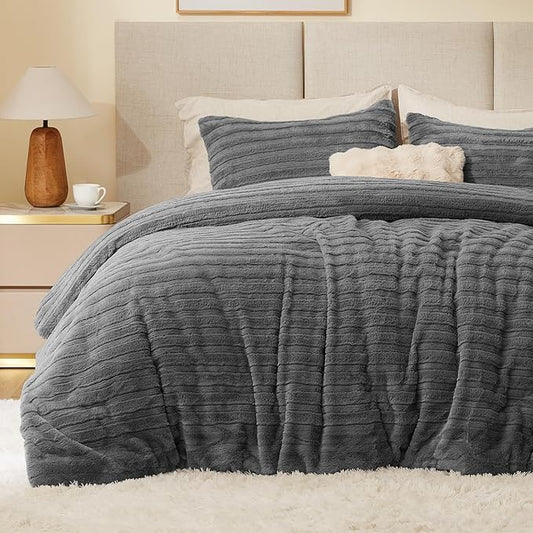 BEDELITE Fleece Twin Comforter Set -Super Soft & Warm Fluffy Grey Faux Fur Bedding, Luxury Fuzzy Heavy Bed Set for Winter with 1 Pillow case