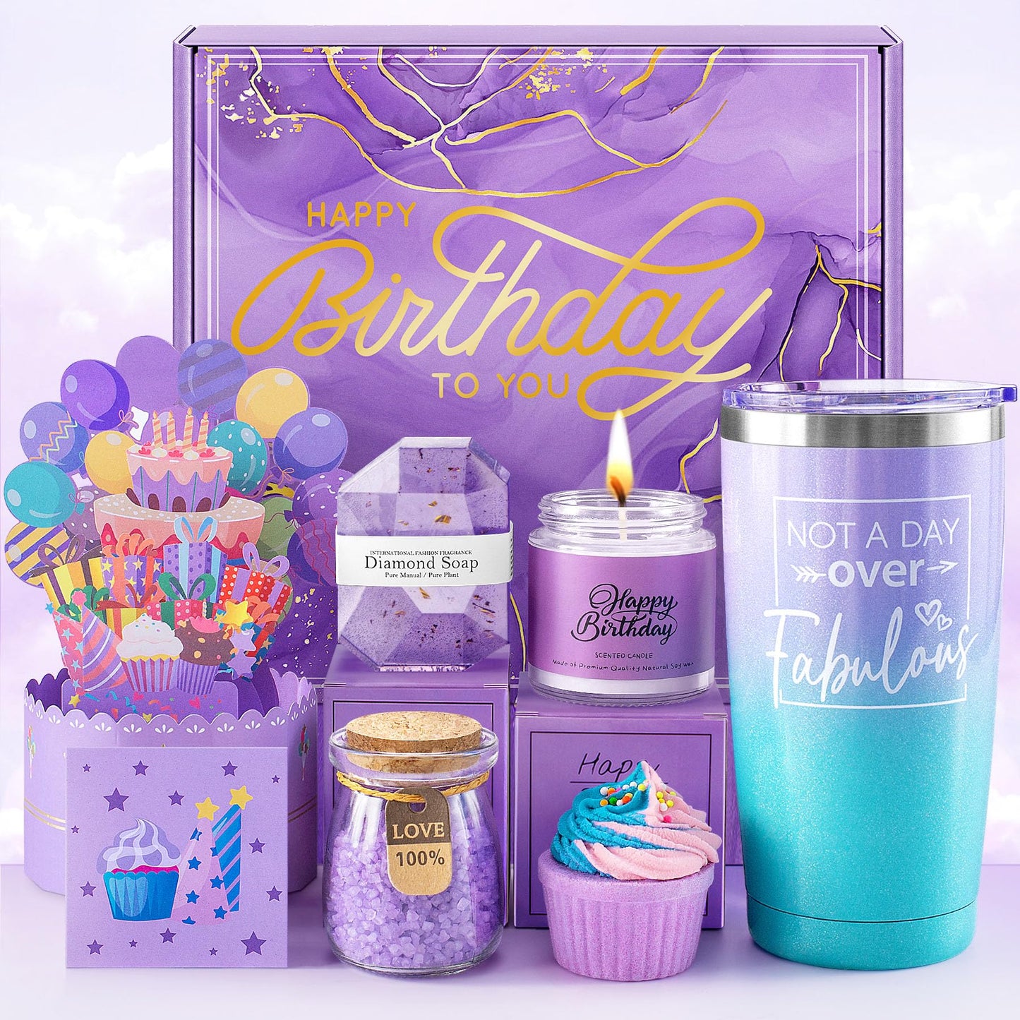 Birthday Gifts for Women, Happy Birthday Bath Set Gift Basket, Unique Spa Gift Idea for Mom, Sister, Bestie, Her, Wife, Female Friends, 30th, 50th, 60th, Gifts for Women Who Have Everything