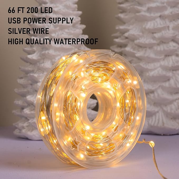 Dazzle Bright Fairy Lights, 66 FT 200 LED USB Power Photo String Lights with Remote, 8 Modes Waterproof Dorm Lights for Home Indoor Party Tree Yard Christmas Decorations (Warm White)
