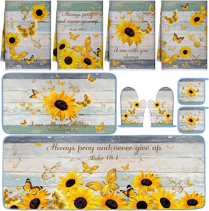 Fourluoo 10 Pcs Sunflower Kitchen Decor and Accessories Set Sunflower Kitchen Towels and Rugs Oven Mitts and Pot Holders for Cooking Baking Mom Housewarming Gifts