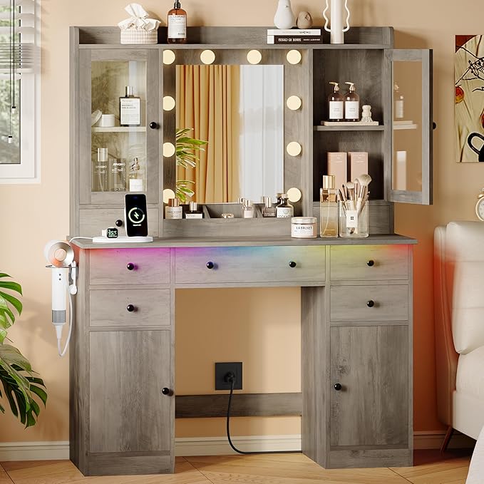 Makeup Vanity Desk with Mirror and Lights, Grey Vanity Table Set with Storage Drawers, Charging Station & Cabinets, Large Dressing Table with RGB Ambient Light for Women Girls Bedroom Bathroom