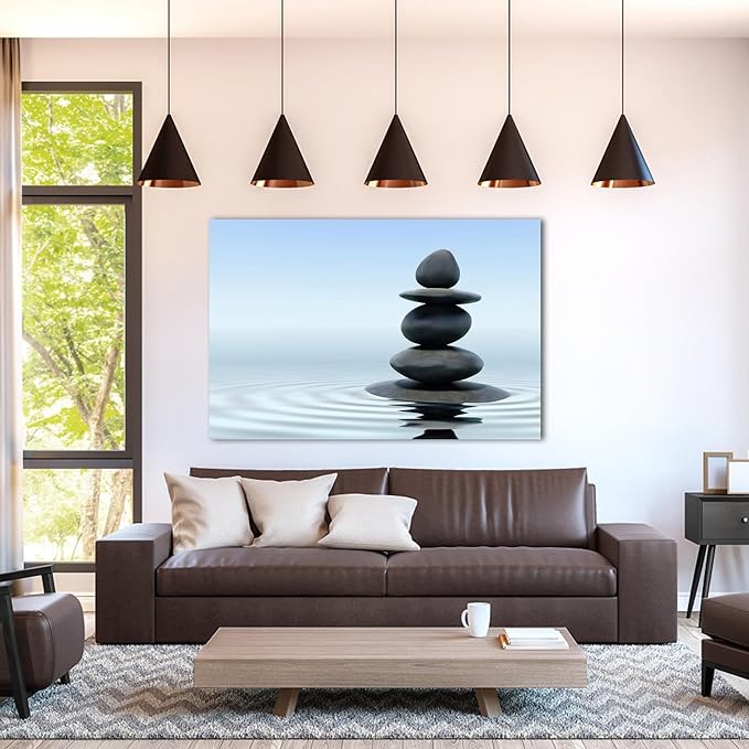 Zen Wall Art Decor, Modern Bathroom Zen Decor Wall Art, Zen Relaxing Canvas Wall Art for Spa Room Decor, Black Pebble and Waves Tranquil Zen Art Prints for Office & Spa Wall Decor 24x36 Inches