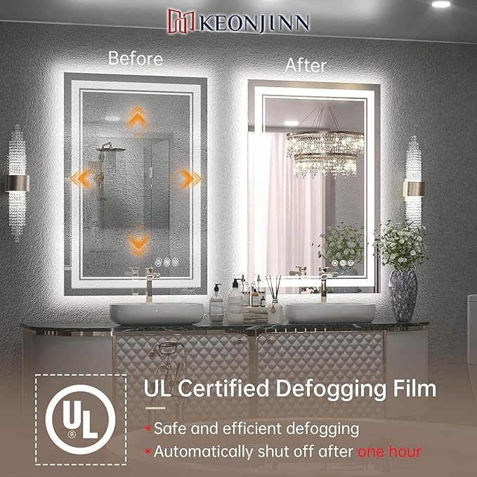 Keonjinn LED Bathroom Mirror 24" x 36" with Front and Backlight, Stepless 3 Colors Temperature & Dimmable Backlit Mirror, Double LED Strips, Anti-Fog Tempered Glass Vanity Mirror, UL Listed LED Driver