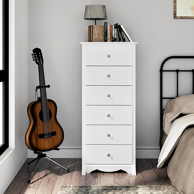 Prepac Sonoma 6 Drawer Dresser for Bedroom, Tall Chest of Drawers, Bedroom Furniture, Clothes Storage and Organizer, 19" D x 23.25" W x 52.75" H, White