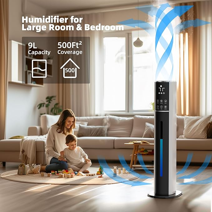 9L/2.5Gal Humidifier, Top Fill Quiet Cool Mist Humidifiers for Bedroom, Covers 550ft²,100H Runtime, 3 Mist Modes Humidifier Large Room, Home, Office, Plants with essential oil diffuser