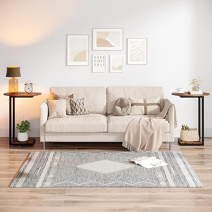 Hosfais Small Side Table Set of 2, C-Shaped Wood Sofa End Table with Metal Frame for Living Room, Bedroom, Small Spaces (Rustic Brown)