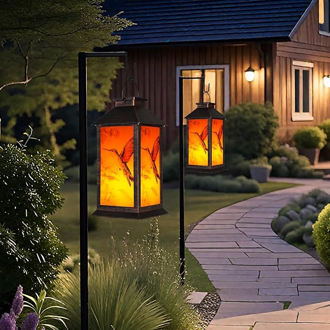 Homemory Hanging Solar Lanterns Outdoor Waterproof, Solar Hummingbird Lights with LED Flickering Flameless Candles, Gifts for Women Mom, Outside Lantern Decoration Garden,Yard,Patio,Lawn