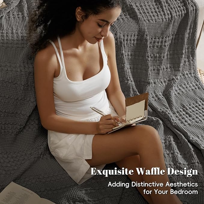 PHF 100% Cotton Waffle Weave Blanket Twin Size for Bed, Soft Lightweight & Breathable, All-Season Comfort, Luxury Aesthetic Woven Bedding for Home Decor, 66"x90", Charcoal Grey