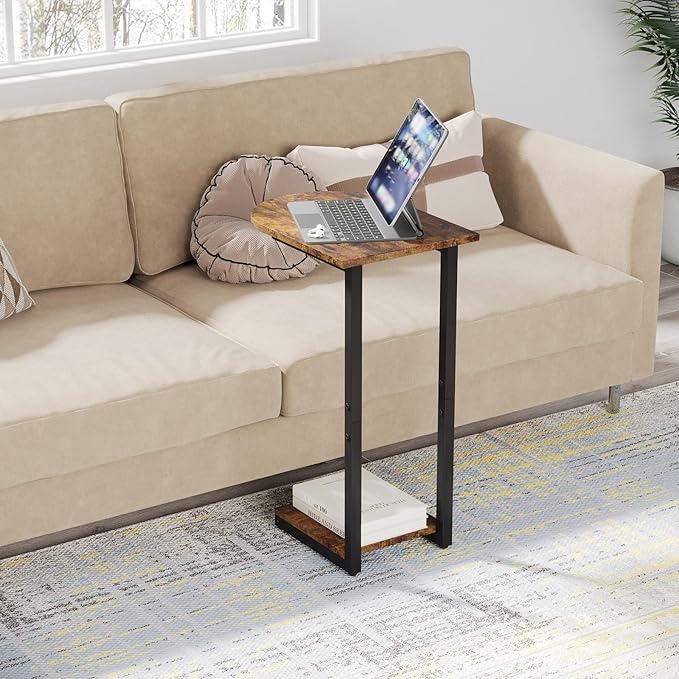 Hosfais Side Table Small End Table, C-Shaped Wood Sofa Table with Metal Frame for Living Room, Bedroom, Small Spaces (Rustic Brown)
