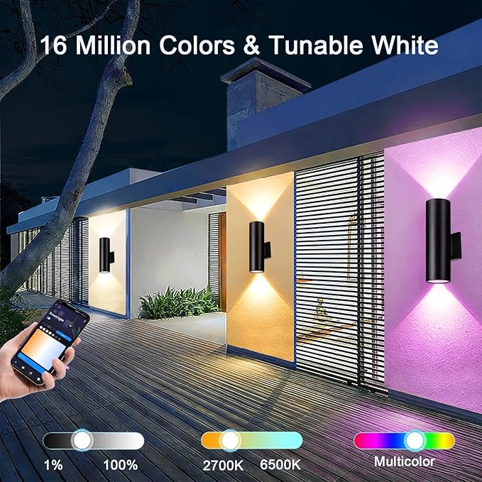 Smart Wall Lights, Modern Up and Down Outdoor Lights, Cool White and Warm White RGB Color Changing Wall Lighting IP65, Smart Wall Sconces GU10 Exterior Light Fixture(4 Pack)