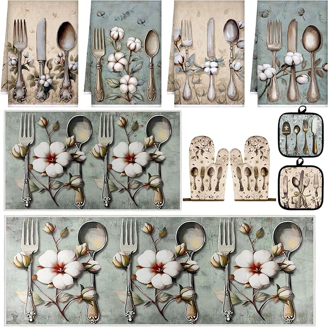 Fourluoo 10 Pcs Farmhouse Kitchen Decor and Accessories Set 4 Kitchen Towels 2 Pot Holders 2 Oven Mitts 2 Rugs for Cooking Baking Mom Housewarming Gifts(Soft Color,Elegant Style)