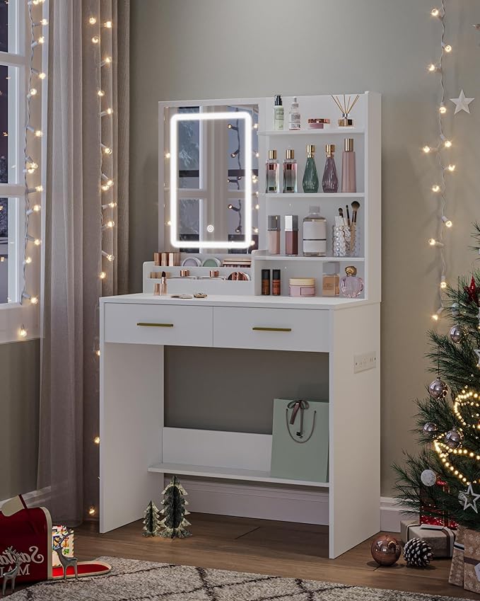 Vanity Desk with Mirror, Makeup Vanity with Led Lights, Dressing Table with Power Outlet, Drawers, 3 Color Modes, White WX321HDT