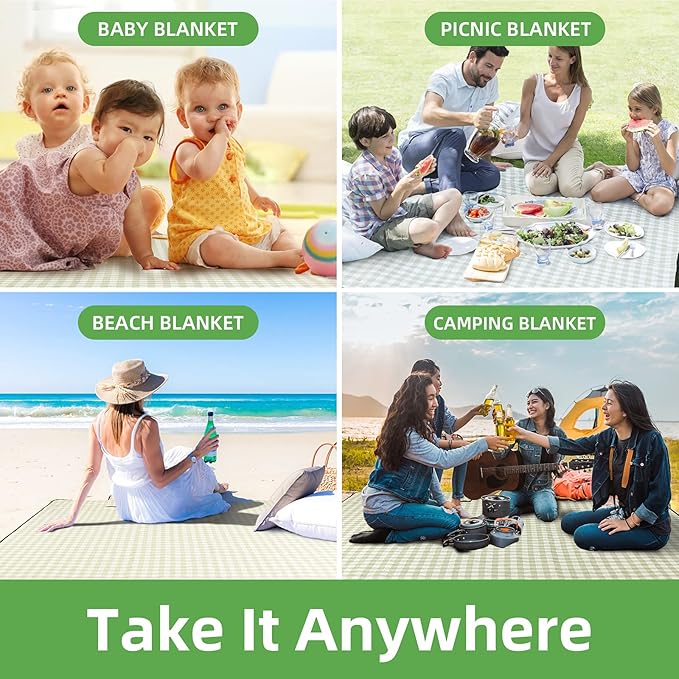 ZAZE Extra Large Picnic Outdoor Blanket, 80''x80'' Waterproof Foldable Blankets Gingham Picnic Mat for Beach, Camping Grass Lawn Park Accessories Cute Couple Gifts Ideas Wedding Registry(Green White)