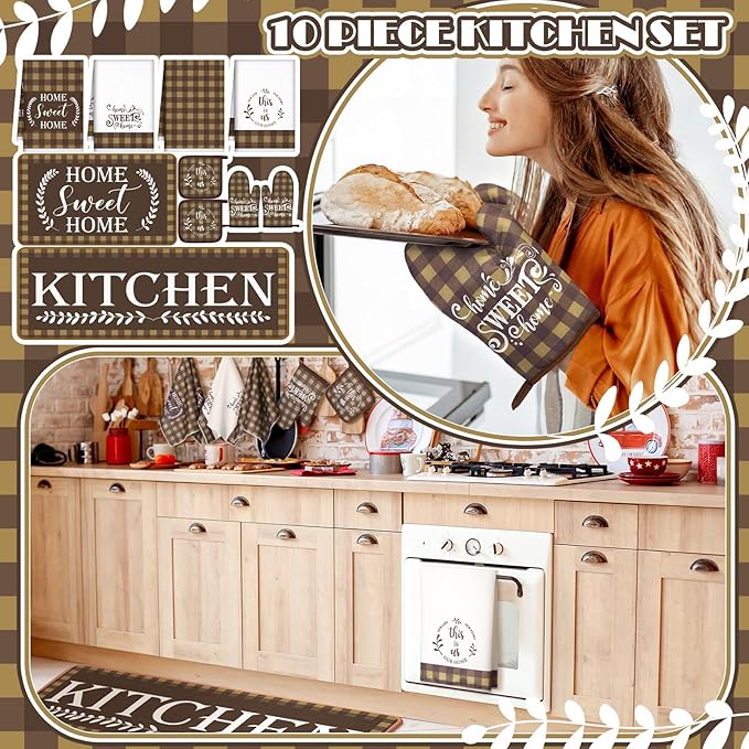 Fourluoo 10 Pcs Kitchen Set Kitchen Towels and Rugs Oven Mitts and Pot Holders Farmhouse Decor for Women Mom Gift Cooking Baking Grilling (Brown White)