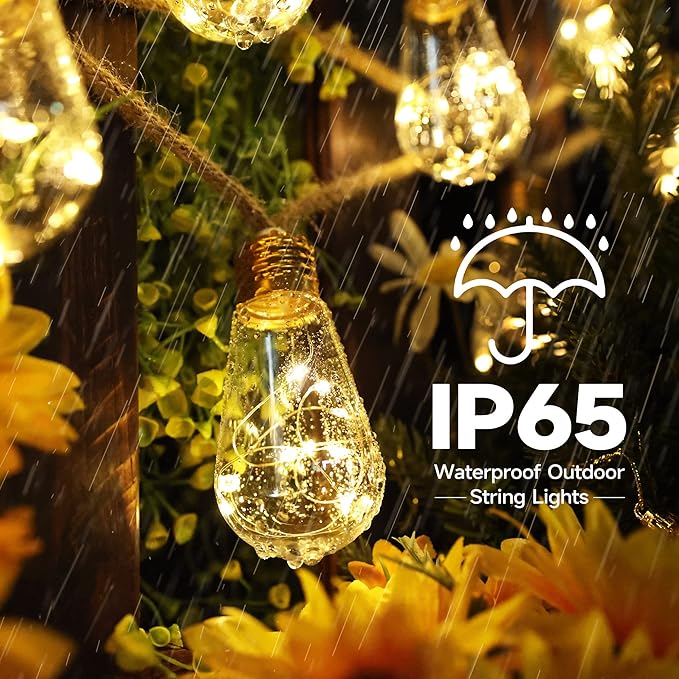 Solar Outdoor String Lights, 2 Pack 20Ft Vintage Rope Hemp Solar Patio Lights, Waterproof Warm White Solar Powered String Lights With 8 Modes 16 Shatterproof Bulbs for Fence Stairs Balcony Café Bistro