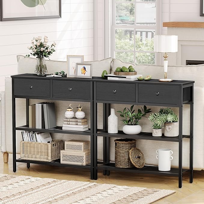 HOOBRO 29.5" Narrow Console Table with 2 Fabric Drawers, Sofa Table, Small Entryway Table with 3-Tier Storage Shelves, Behind Couch Table, for Living Room, Hallway, Black BB72XG01