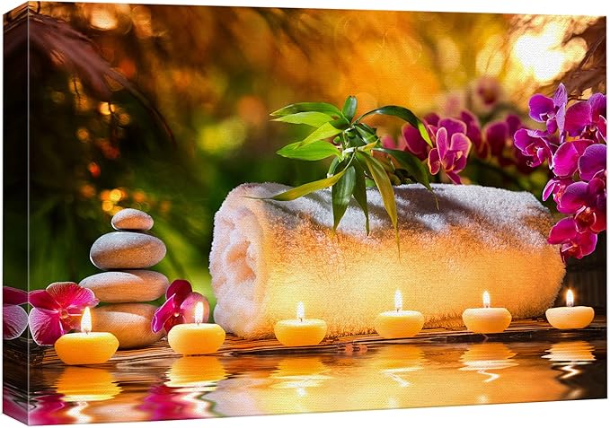 wall26 Canvas Print Wall Art Sunset Yoga Meditation Bath Towel Candle Orchids Nature Wilderness Photography Realism Rustic Landscape Colorful Multicolor for Living Room, Bedroom, Office - 16"x24"