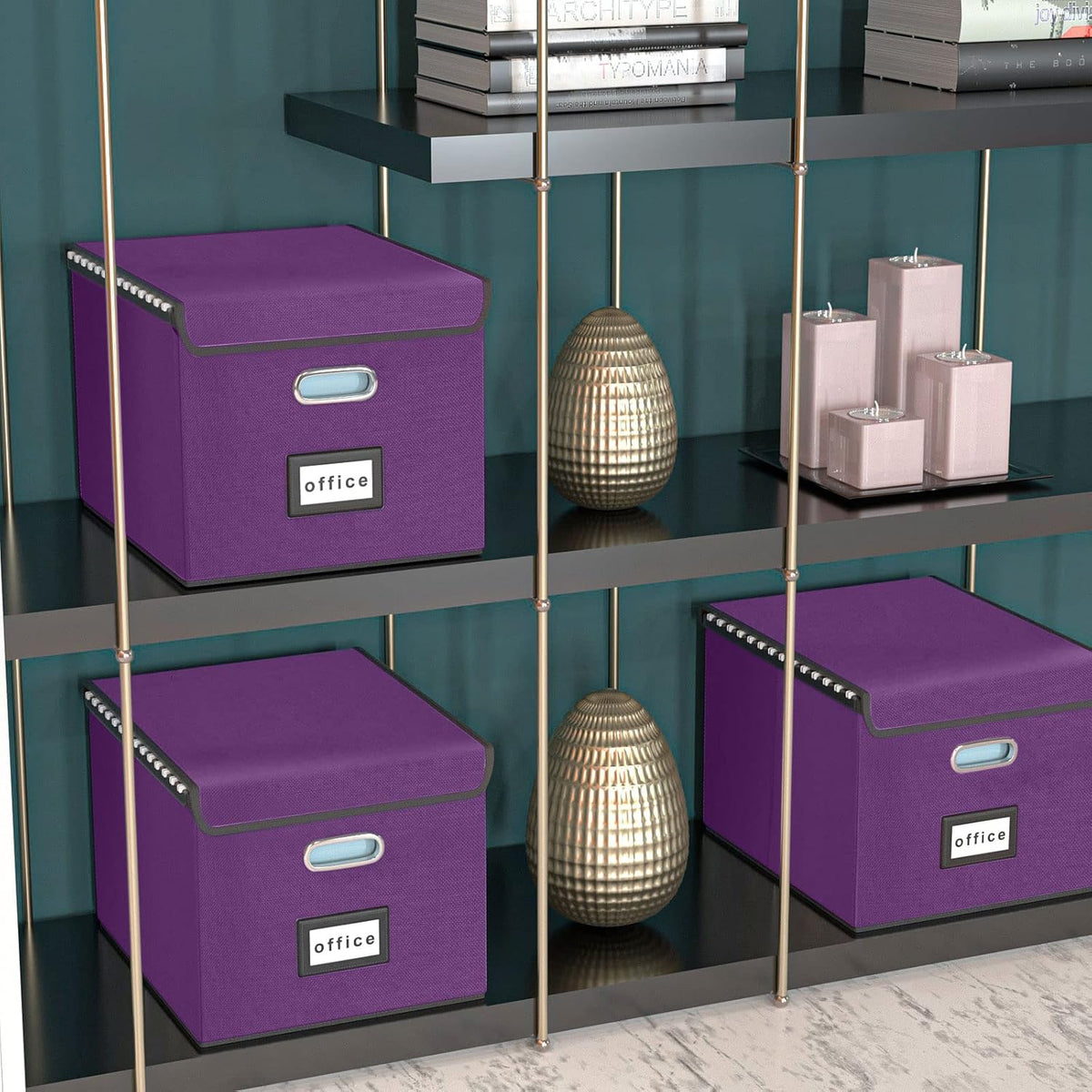 Huolewa File Organizer Box with Lid, Collapsible File Folder Organizer for Office Document Storage, Filing Box with Plastic Slide for Letter/Legal Size Hanging Files, Purple