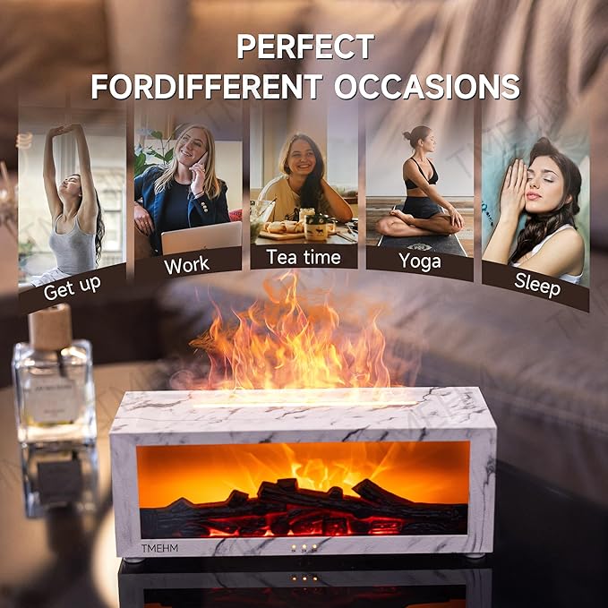 Fireplace Flame Air Diffuser Humidifier,7 Colors Aromatherapy Essential Oil Diffuser,Ultrasonic with Timer for Home,Bedroom,Office,Yoga (White Marble)