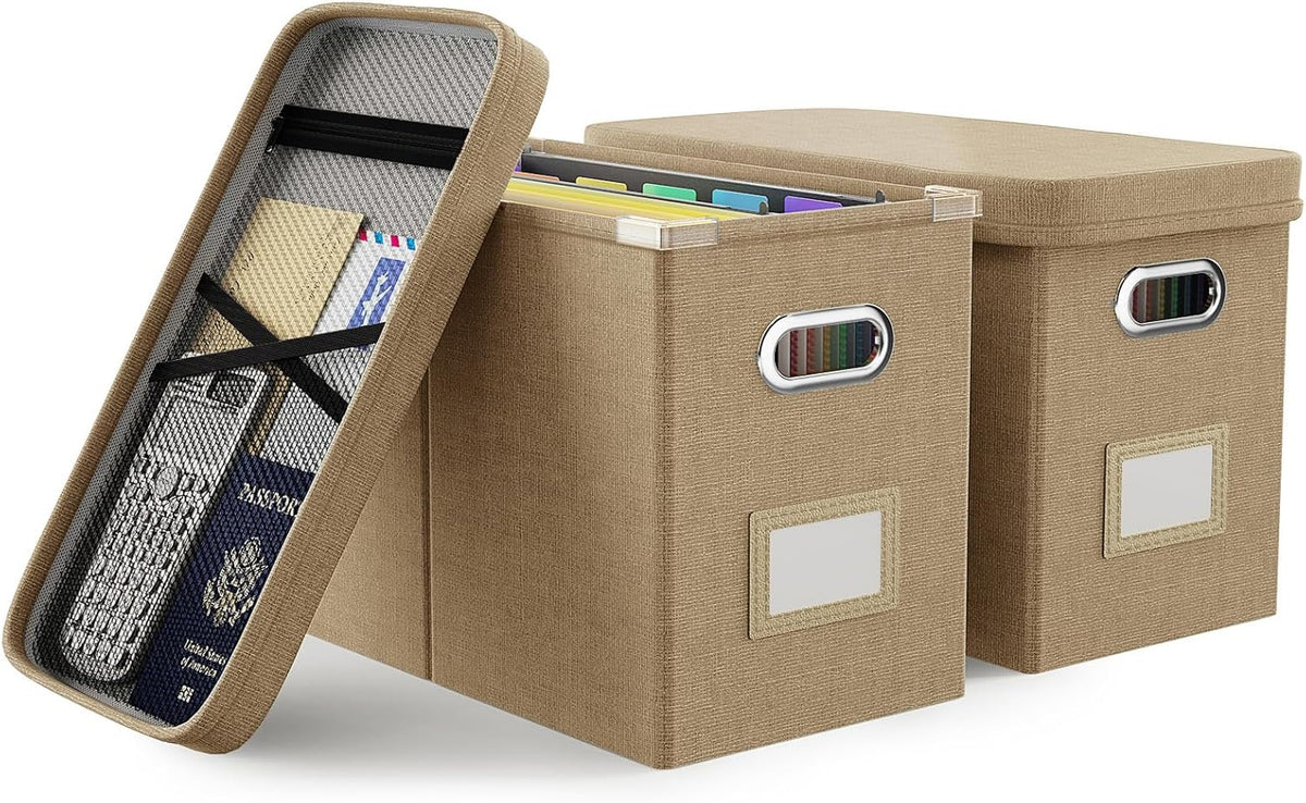Oterri Hanging Filing File Box with Mesh Pocket, File Organizer Box with Lid, Collapsible Document Organizer Box for Letter Size, Easy Slide Durable Storage Box for Office/Decor/Home (2 PCS, Khaki)