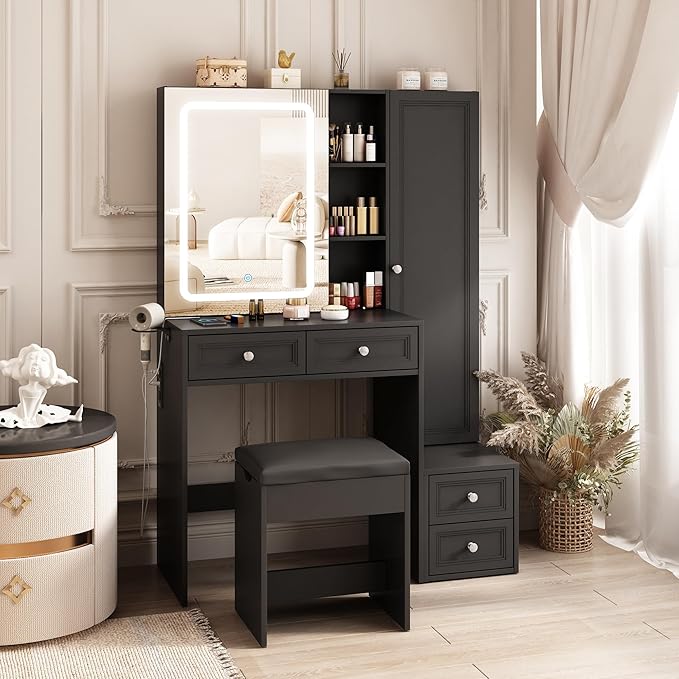 Makeup Vanity Desk with LED Lighted Sliding Mirror, Vanity Table with Jewelry Cabinet and 4 Drawers, Charging Station & Lots Storage Shelves, Adjustable Brightness, Dressing Table Cushioned Stool Set