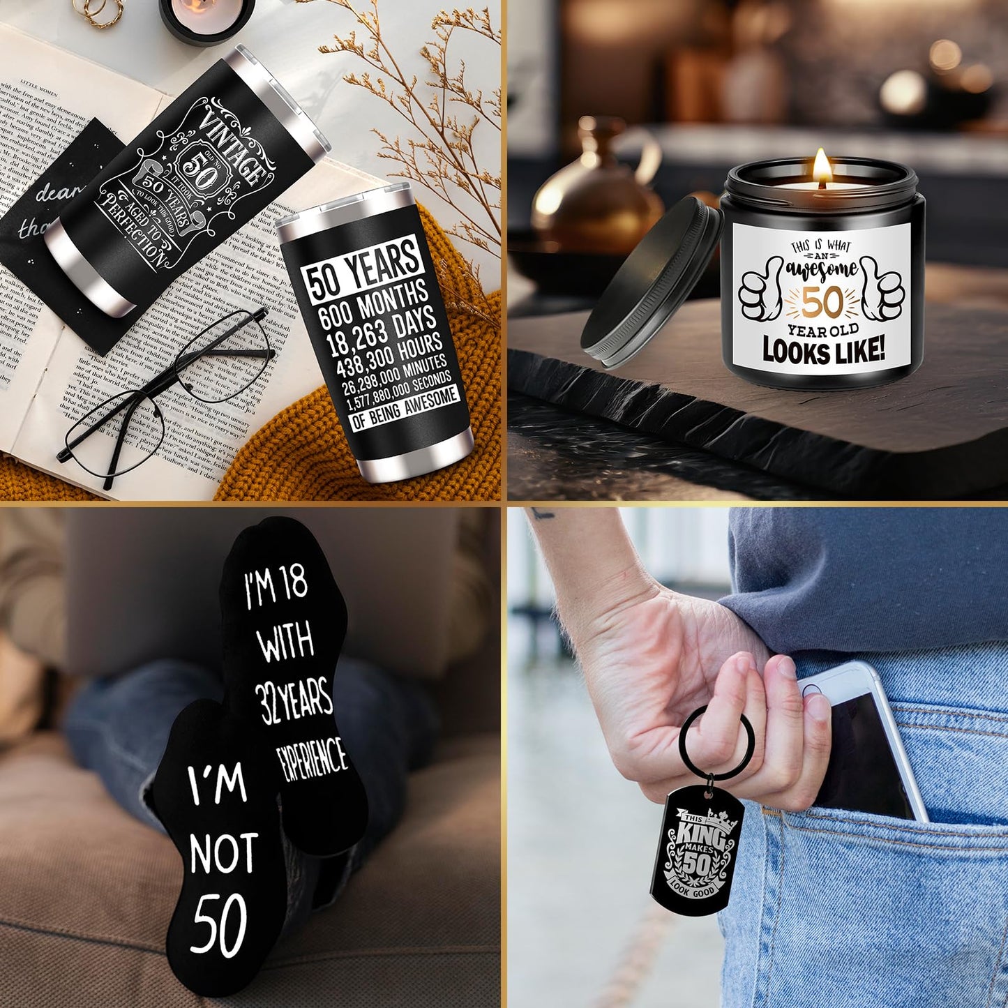 JTAMOHI 50th Birthday Gifts for Men - Unique Box with 20 Oz Tumbler, Scented Candle, Socks, Baseball Cap for Husband, Dad, Grandpa, Friends, Teachers, Boss