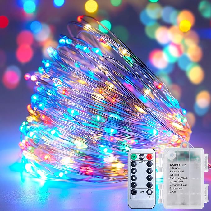 Minetom 66Ft 200 LED Outdoor String Lights, Fairy Lights Battery Operated with Remote, Waterproof, for Bedroom Dorm Patio Tapestry Backyard Garden Party Indoor Christmas Decoration, Multicolor