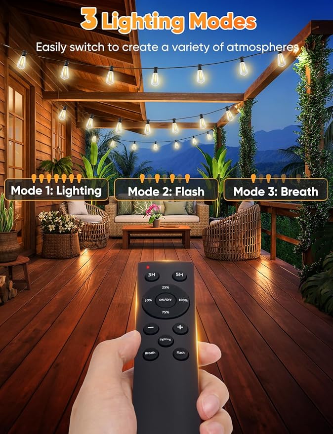 Brightever Outdoor String Lights with Remote, 200FT LED Patio Lights with 62 ST38 Shatterproof Vintage Bulbs, Dimmable String Lights for Outside, Waterproof IP65 Outdoor Lighting for Balcony, Camping