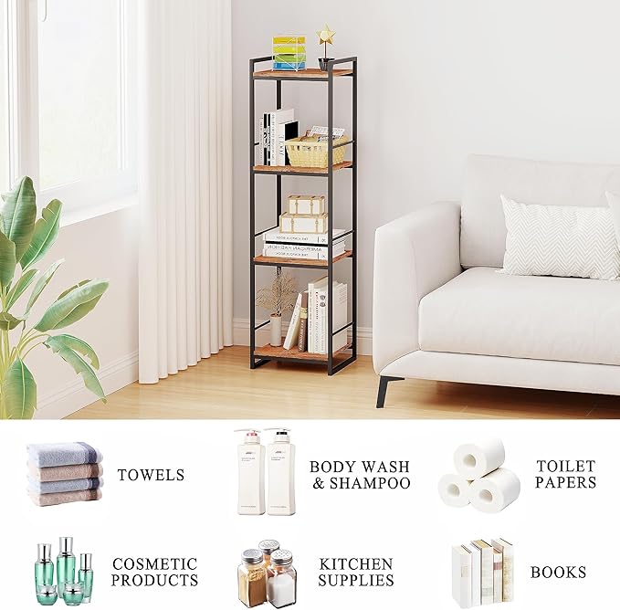 BYFU 4 Tier Bathroom Storage Open Shelf, Freestanding Metal Corner Storage Rack Shelving Unit for Bathroom Kitchen Living Room Hallway, Rustic Brown