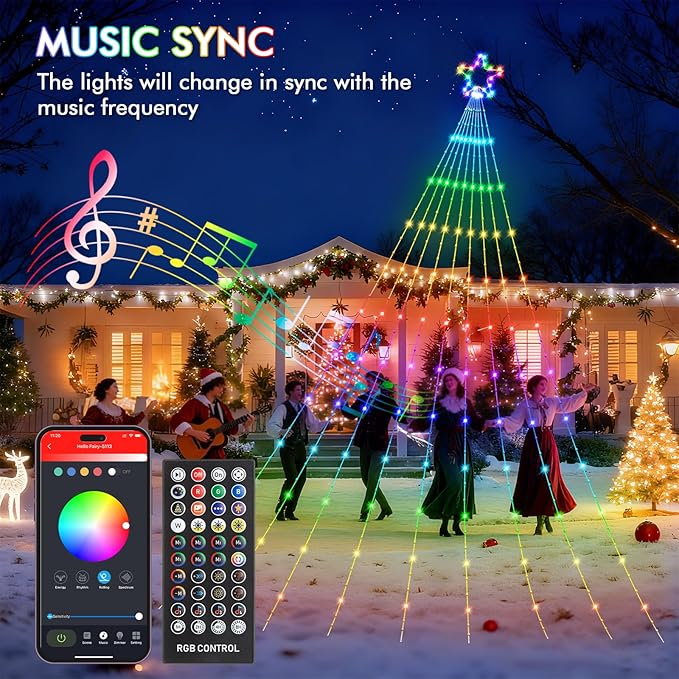 12FT Outdoor Christmas Decorations, Smart RGB Color Changing Christmas Hanging Waterfall String Lights, APP Remote Control, DIY Multi-Color Lightshow, Music Sync, Outside Xmas Lights Decor
