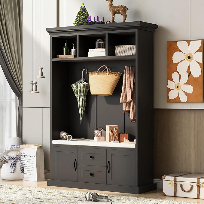 RUNNA Delicate 3-in-1 Hall Tree with 2 Cabinet and 2 Drawers,3 Open Shelves and 3 Hooks,Coat Hanger and Storage Bench,for Livingroom Hallway Entryway Use (Black#H-)