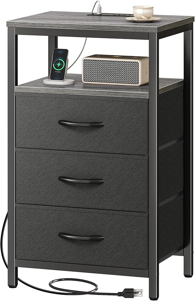 Huuger Nightstand with Charging Station, 27.6 Inch End Table Bedside Table with USB Ports and Outlets, Fabric Drawers, Night Stand for Bedroom, Charcoal Gray