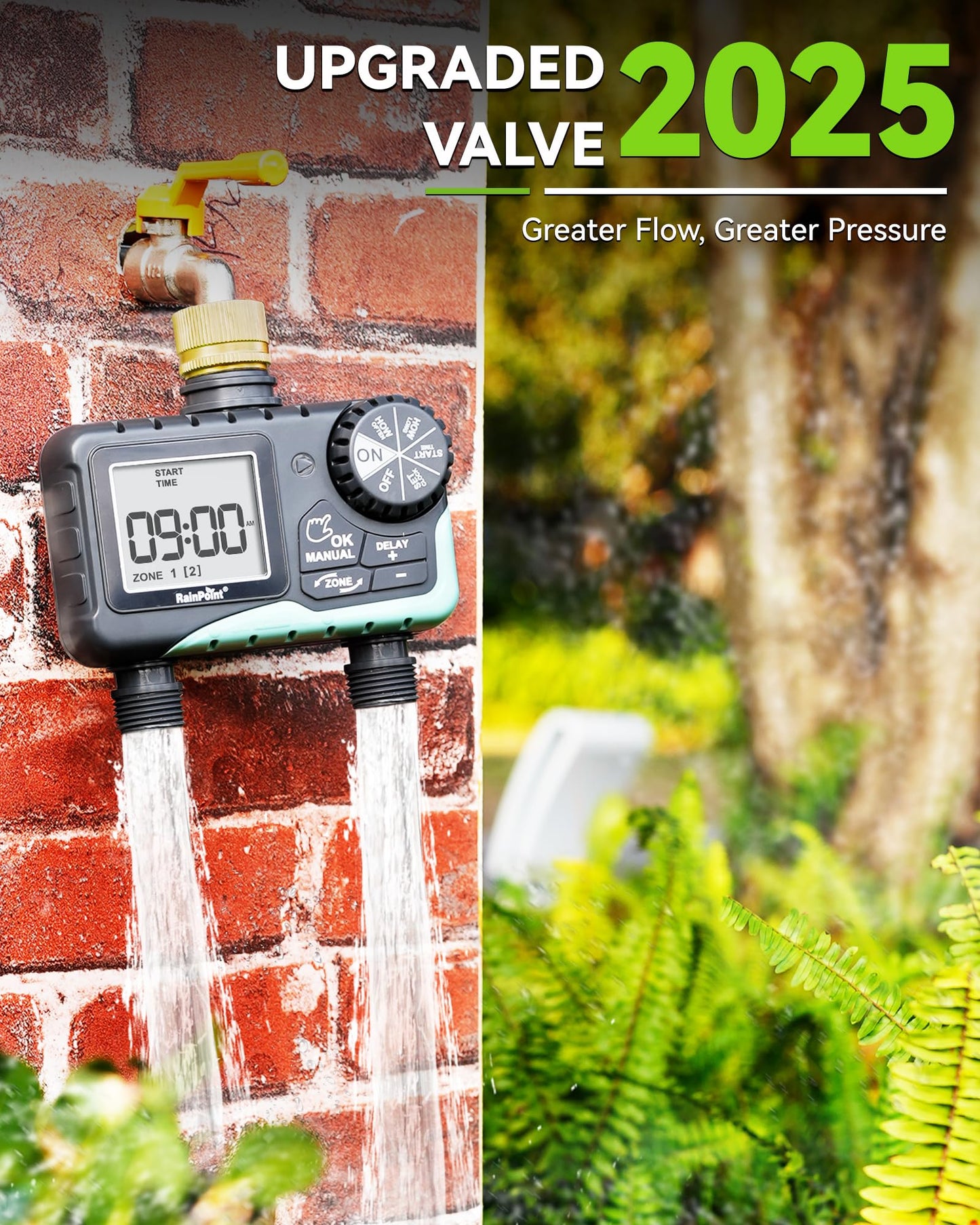 RAINPOINT Water Timer for Garden Hose - Sprinkler Timer with Brass Swivel - Rain Delay/Manual Watering/Automatic Irrigation Programmable Faucet for Yard, 2 Outlet