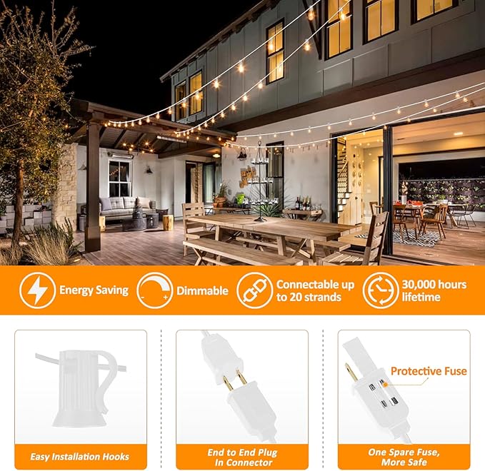 Achin Outdoor String Lights White 100Ft LED Patio Lights Outdoor Waterproof with 50+2 Shatterproof ST38 Bulbs 2200K Dimmable String Lights for Outside Backyard Party Wedding, White Cord