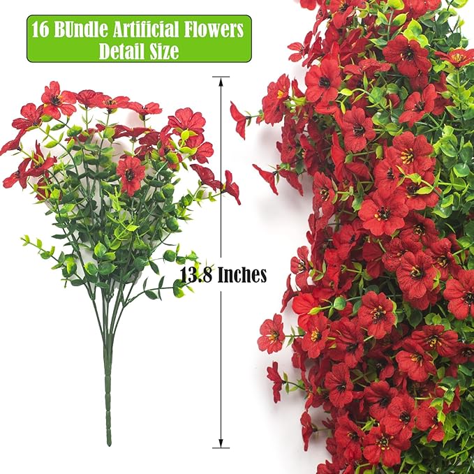Artificial Fake Flowers for Outdoor Spring Decoration, 16 Bundles Faux Silk Colorful Daisy UV Resistant Realistic for Outside Porch Patio Home Yard Garden Planters Pots Window Box (Red)