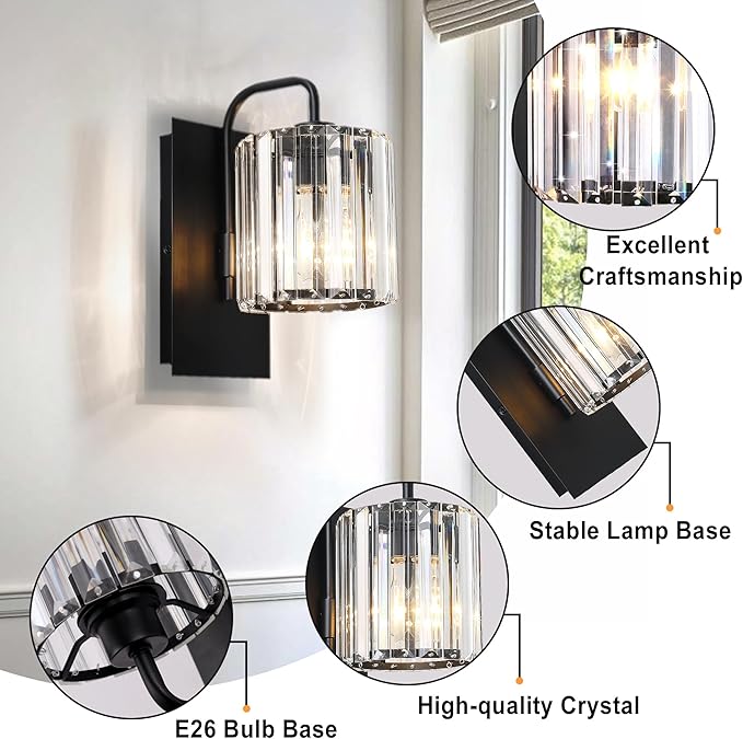 Grneric Crystal Wall Sconces,Black Sconce Wall Light Fixtures Modern Sconces Wall Lighting Single Indoor Wall Sconce for Living Room Bathroom Hallway Stairway Bedroom 10 Inch