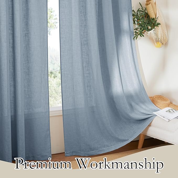 RYB HOME Flax Linen Blend Curtains for Closet Kitchen, Semi Translucent Privacy Protection Light Filtering Decorative Short Small Window Drapes for Bedroom, W 52 x L 36 inches, Dusty Blue, 2 Panels
