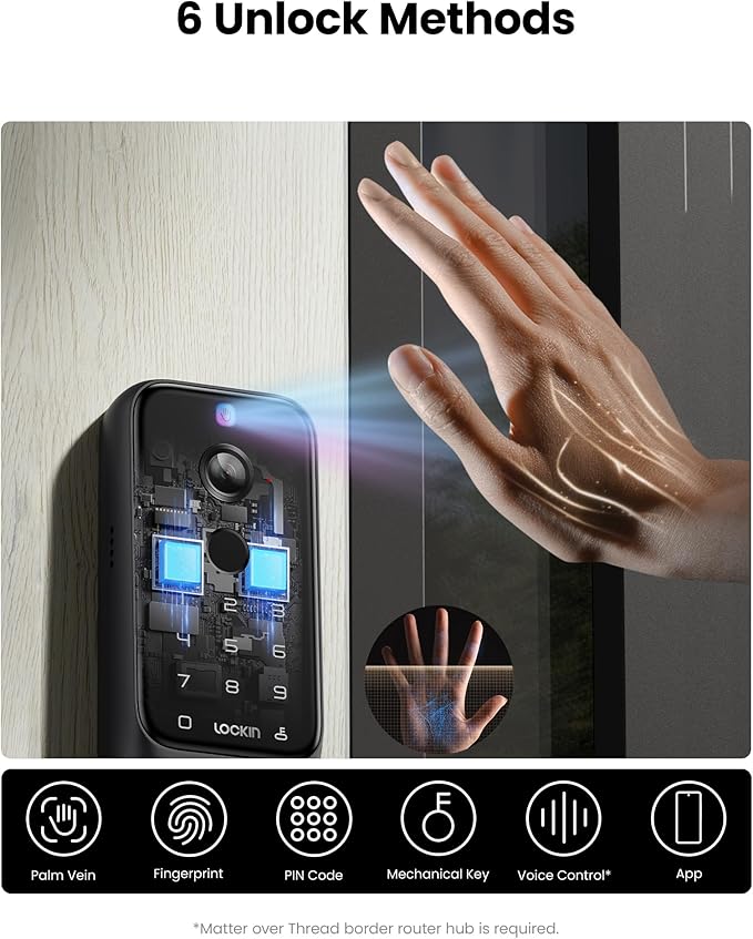 Lockin Veno Plus Video Smart Lock with Camera 2K 180°, Keyless Entry Door Lock for Front Door, Palm Vein & Fingerprint Biometric Access, Built-in Wi-Fi, 8GB Storage, No Monthly Fees